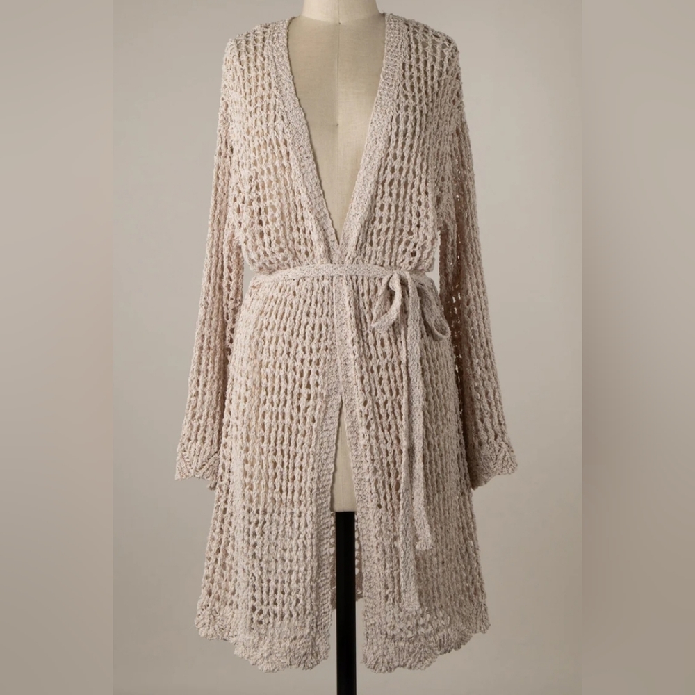 Miracle Open Crochet Belted Cardigan in Blush